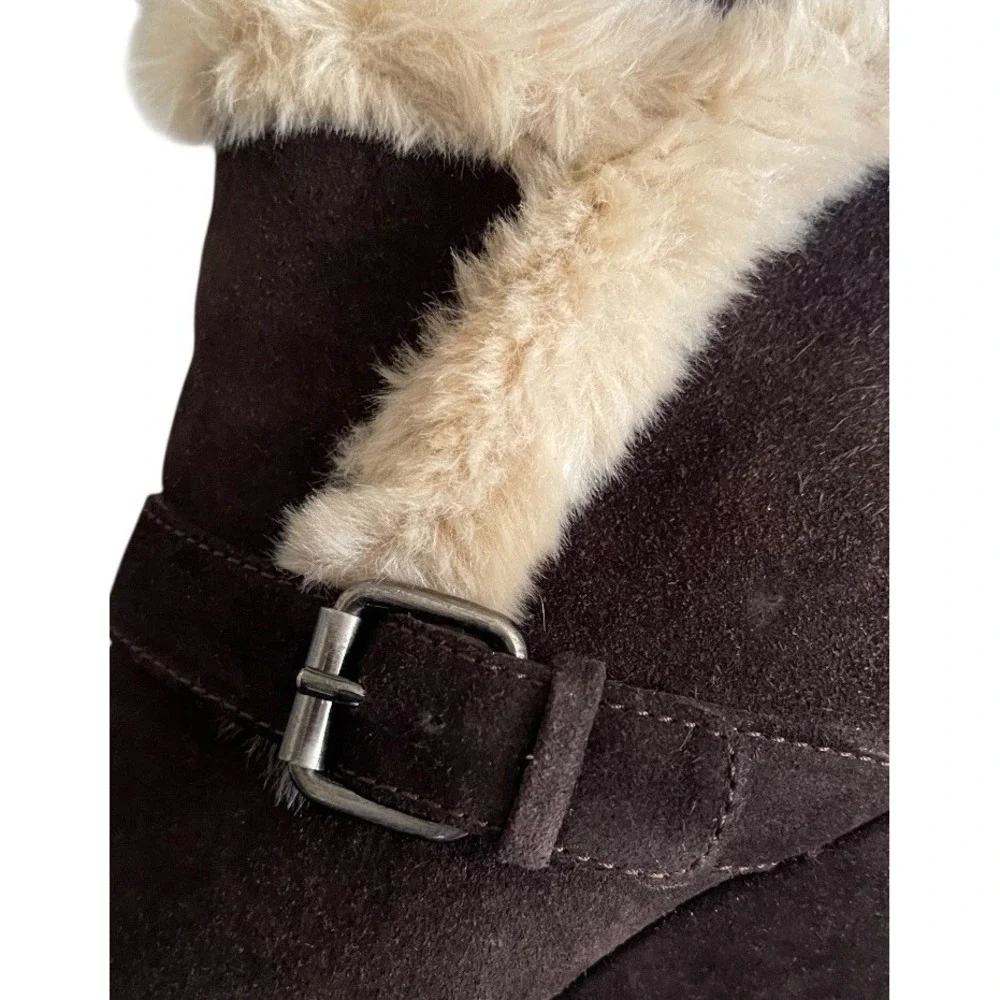 Aquatalia Carlotta Shearling‎ Trim Brown Suede Ankle Boots Retail $398